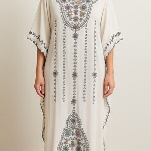 Embellished White Kaftan Dress – One Size – Beaded & Embroidered